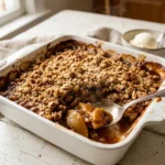 Slicing into a warm old fashioned easy apple crisp with a silver spoon showing the jammy cinnamon apple filling and a side bowl of ice cream.