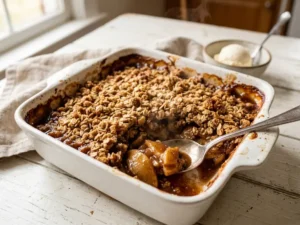 Slicing into a warm old fashioned easy apple crisp with a silver spoon showing the jammy cinnamon apple filling and a side bowl of ice cream.