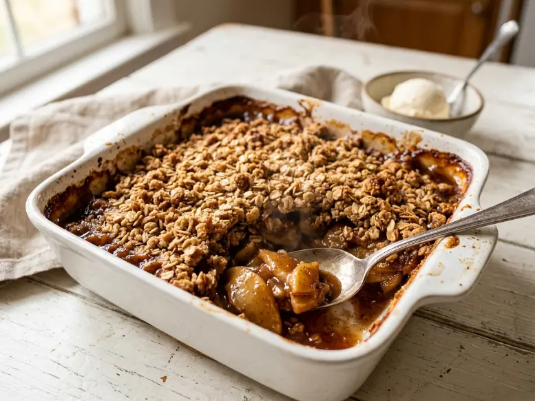 Slicing into a warm old fashioned easy apple crisp with a silver spoon showing the jammy cinnamon apple filling and a side bowl of ice cream.