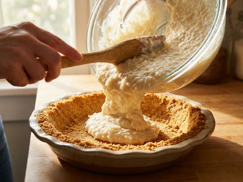 A side-angle shot of thick coconut pudding base being poured from a glass bowl into a store-bought coconut cream pie with graham cracker crust using a wooden spoon.