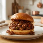 An eye-level photograph of a classic homemade Sloppy Joe sandwich packed with a rich, glossy ground beef mixture on a perfectly toasted brioche bun, plated on a white ceramic dish.