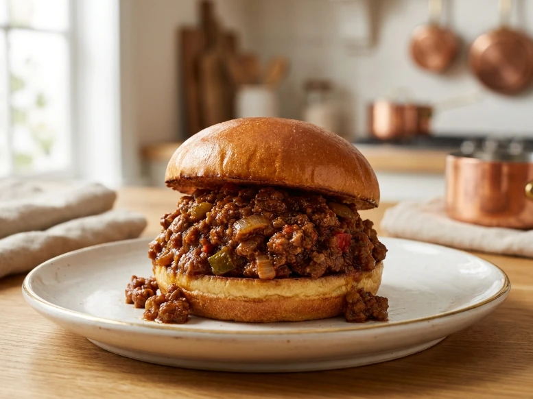 An eye-level photograph of a classic homemade Sloppy Joe sandwich packed with a rich, glossy ground beef mixture on a perfectly toasted brioche bun, plated on a white ceramic dish.