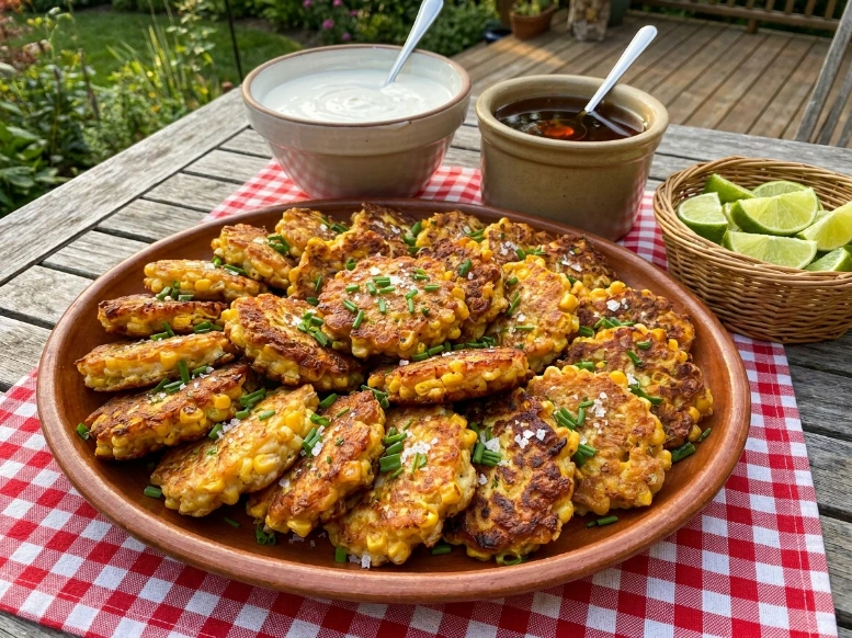 A large earthenware platter filled with old fashioned corn fritters on a red checkered tablecloth for a backyard cookout.