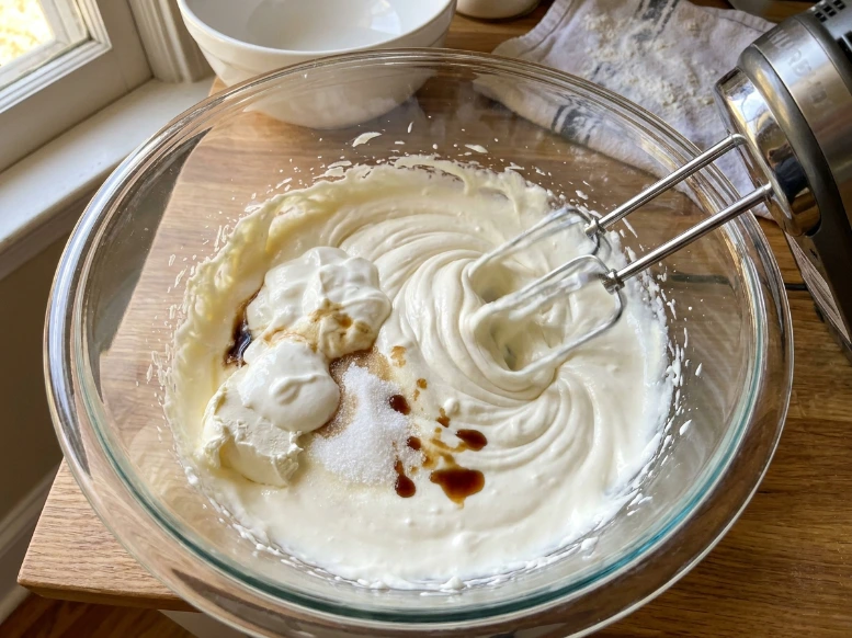 Using an electric hand mixer to blend softened cream cheese, sour cream, sugar, and vanilla extract into a smooth, velvety white dressing.