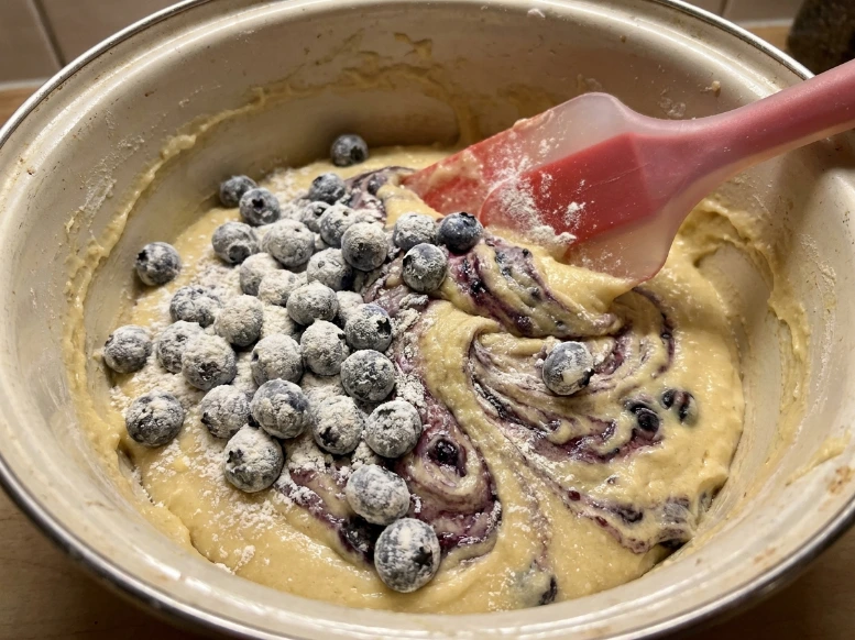 Gently folding fresh flour-coated blueberries into a thick muffin batter using a flexible red rubber spatula inside an enamel mixing bowl.