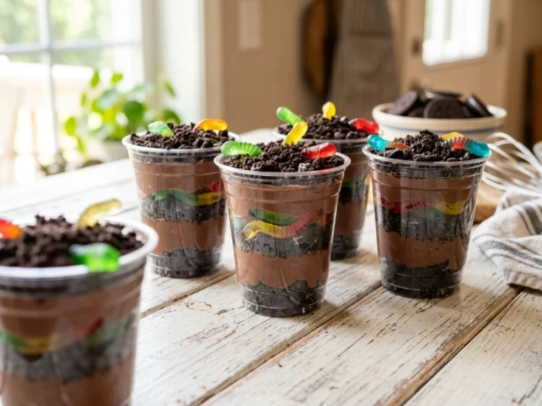 A group of four completed oreo dirt cake cups topped with crushed cookie crumbs and colorful gummy worms served on a white plank table.