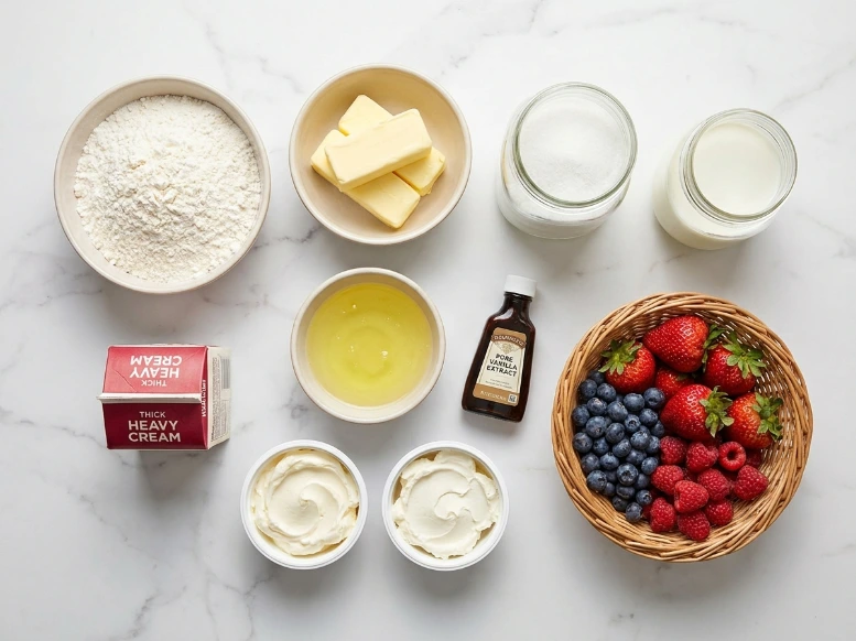 An overhead view of fresh ingredients needed for a Chantilly Cake recipe, including cake flour, butter, sugar, heavy cream, mascarpone, and a rustic basket full of fresh strawberries, blueberries, and raspberries.