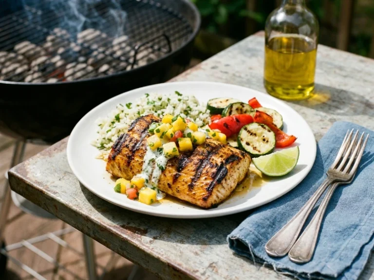 Best grilled mahi mahi fillet plated on an outdoor wooden table with mango salsa, cilantro lime rice, and grilled zucchini.