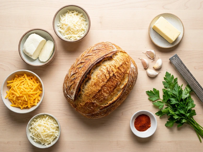 Overhead view of raw ingredients for cheese and garlic crack bread, including artisan sourdough loaf, shredded cheddar, mozzarella, garlic, and parsley.