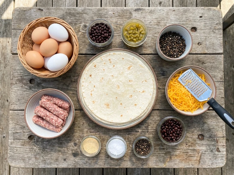 Overhead view of meal prep ingredients for freezer breakfast burritos, including flour tortillas, eggs, raw sausage links, shredded cheddar cheese, black beans, and green chilies.