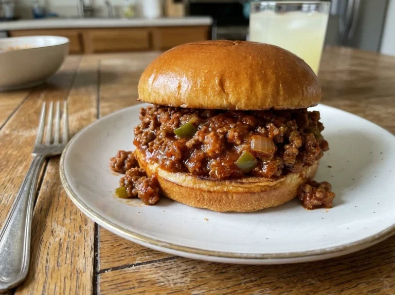 A bright, photorealistic shot of an easy homemade sloppy joe sandwich on a white plate sitting on a warm wooden dining table next to a silver fork and a glass of lemonade.