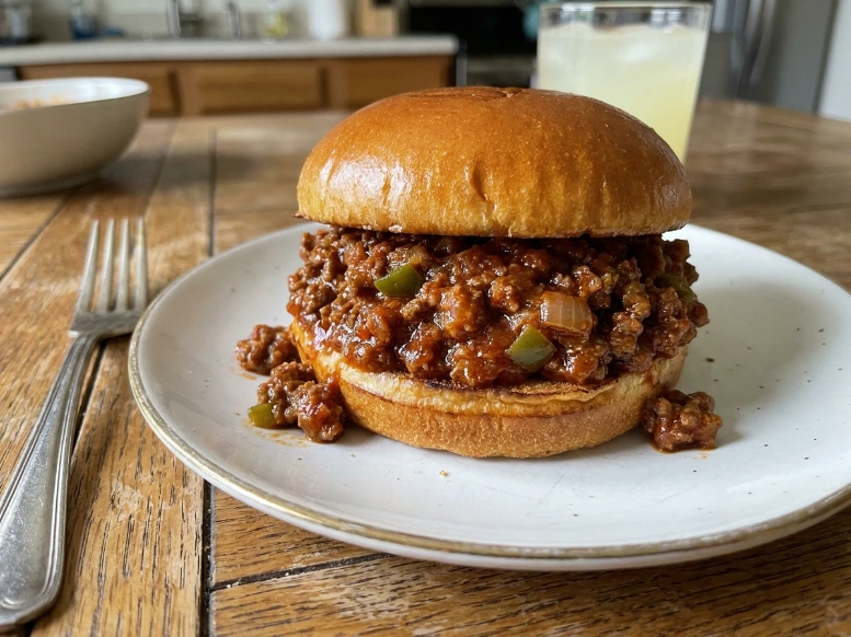 A bright, photorealistic shot of an easy homemade sloppy joe sandwich on a white plate sitting on a warm wooden dining table next to a silver fork and a glass of lemonade.