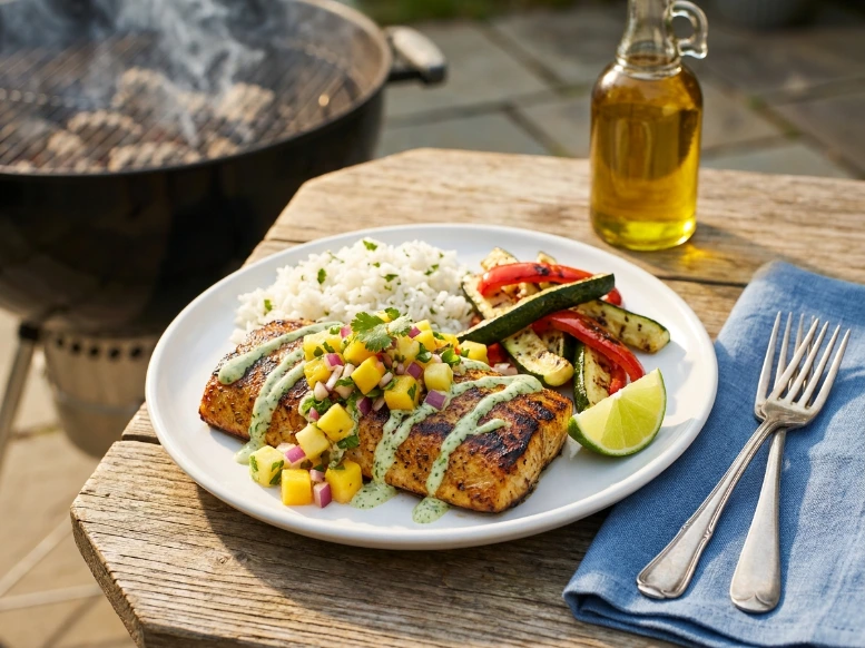 Perfectly cooked mahi mahi on the grill served with a bright tropical fruit salsa and white rice on a rustic patio.