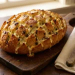 A golden-baked cheese and garlic crack bread loaf filled with bubbling, melted cheese on a rustic wooden cutting board.