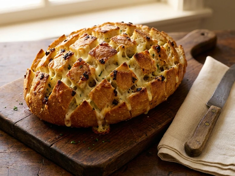 A golden-baked cheese and garlic crack bread loaf filled with bubbling, melted cheese on a rustic wooden cutting board.