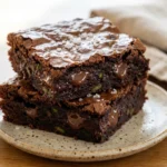 Two rich, thick chocolate zucchini brownies stacked on a ceramic plate, topped with flaky sea salt and showcasing a chewy interior crumb with melting chocolate chips.