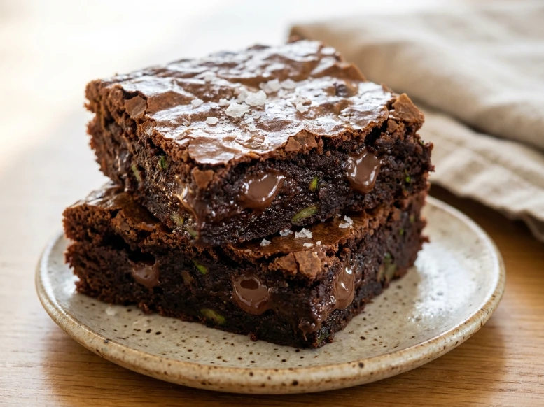 Two rich, thick chocolate zucchini brownies stacked on a ceramic plate, topped with flaky sea salt and showcasing a chewy interior crumb with melting chocolate chips.