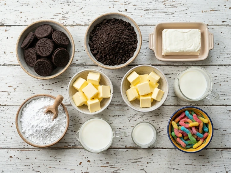 Overhead flat lay of oreo dirt cake cups ingredients in ceramic bowls including whole cookies, butter cubes, milk, cream cheese, and gummy worms on a white wooden table.
