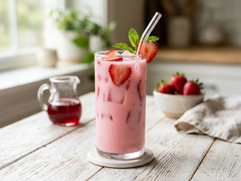 A perfectly blended, creamy pastel pink copycat Starbucks drink served in a tall glass with ice, fresh strawberries, and a glass straw on a clean, bright wooden table.