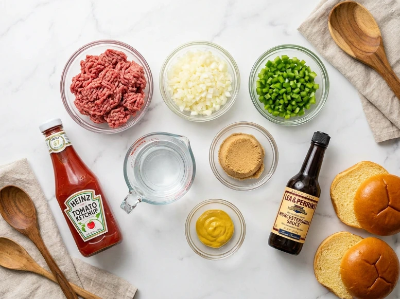 An overhead flat lay of fresh ingredients to make an old-fashioned sloppy joe recipe from scratch on a white counter, featuring ground beef, diced yellow onions, green bell peppers, brown sugar, mustard, Heinz ketchup, and a bottle of Lea and Perrins Worcestershire sauce.