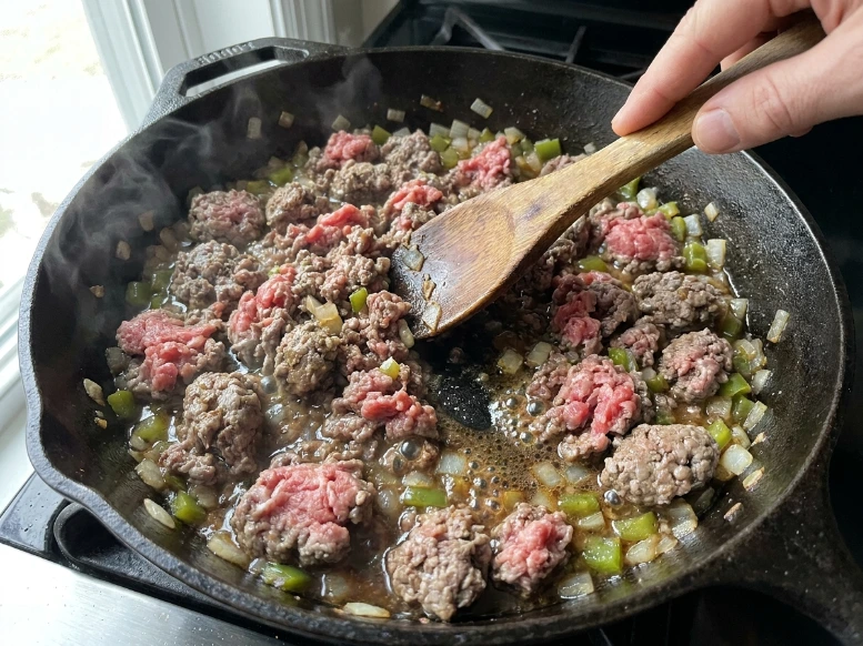 A close-up action shot of ground beef being browned with finely diced onions and green bell peppers in a seasoned cast iron skillet on a stovetop using a wooden spoon.
