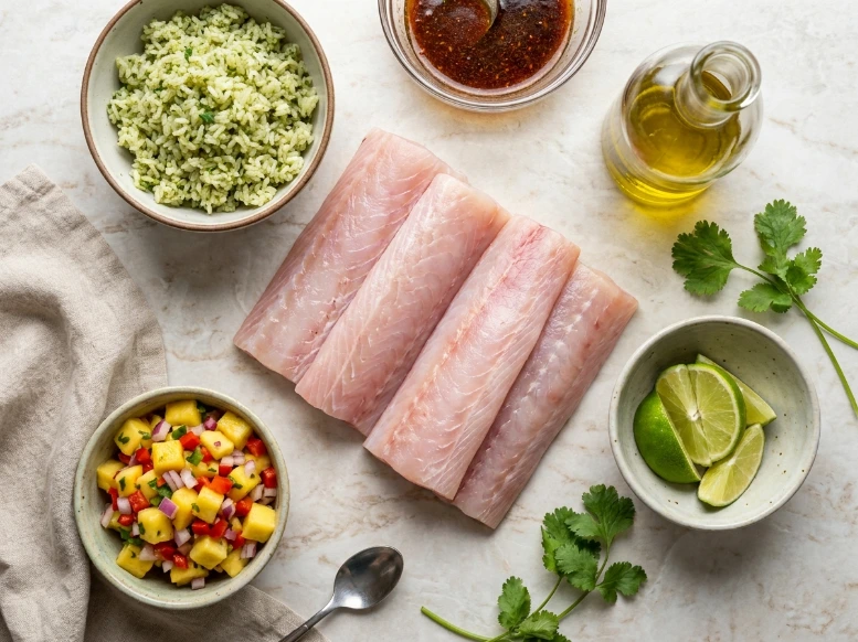 Overhead view of raw fish fillets, fresh mango salsa, cilantro rice, and lime wedges for a healthy grilled fish recipe.