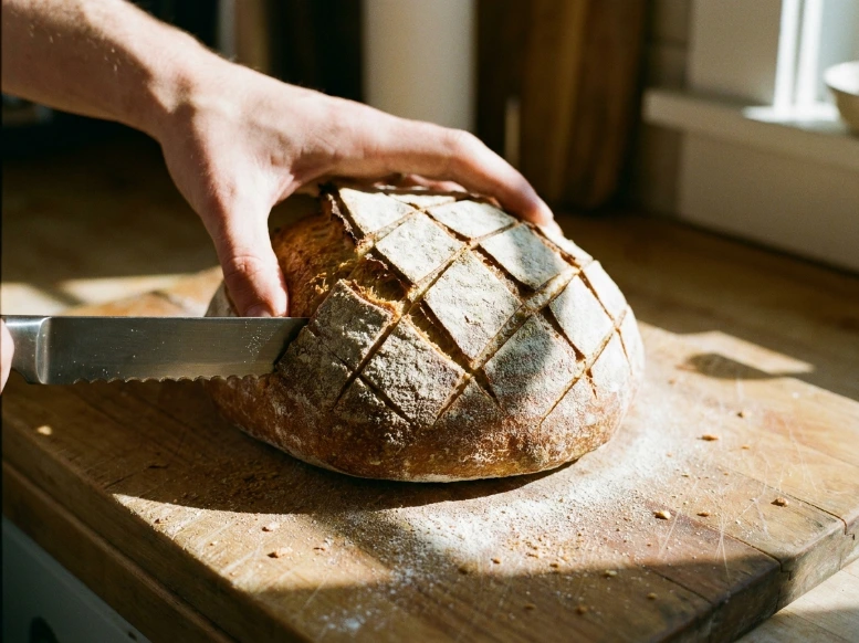 Slicing a diamond crosshatch pattern into a crusty artisan bread loaf using a serrated bread knife on a wooden board.