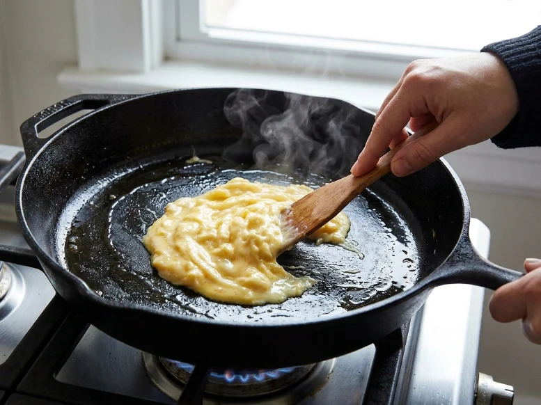 Gently scrambling whisked eggs with spices using a wooden spatula in a hot cast iron skillet near a bright kitchen window.