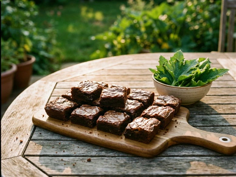 A dozen square-cut dark chocolate zucchini brownies arranged neatly on a wooden serving paddle on an outdoor patio table next to a small bowl of green leaves.