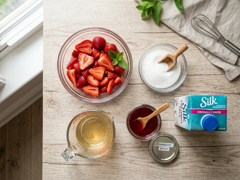 An overhead flat-lay shot of ingredients on a light wooden countertop, featuring a bowl of sliced strawberries, sugar, white grape juice, strawberry syrup, and a carton of Silk unsweetened coconut milk.