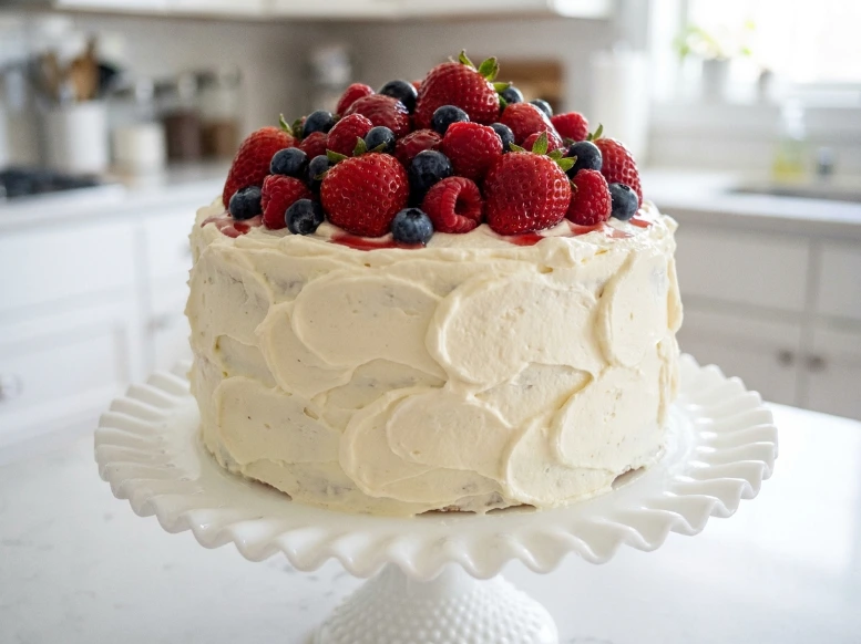 A beautiful Whole Foods Chantilly cake copycat resting on a white scalloped cake stand, frosted with rustic mascarpone whipped cream and topped with a large mound of fresh summer berries.